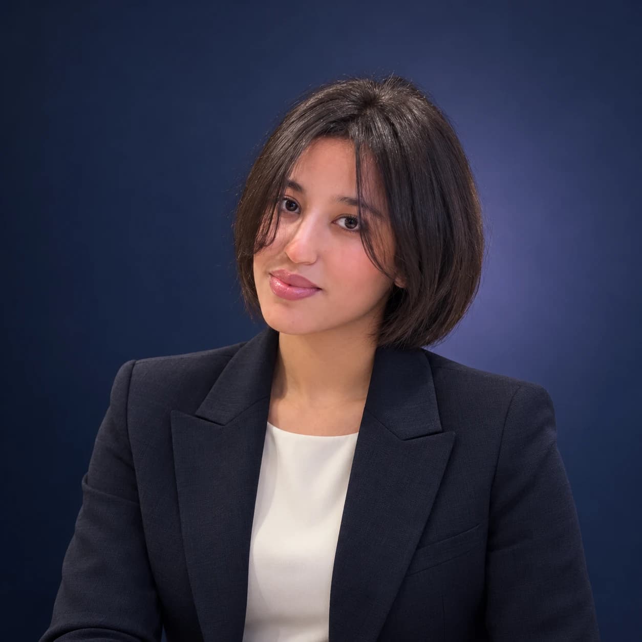 Portrait de Mouna en blazer bleu marine