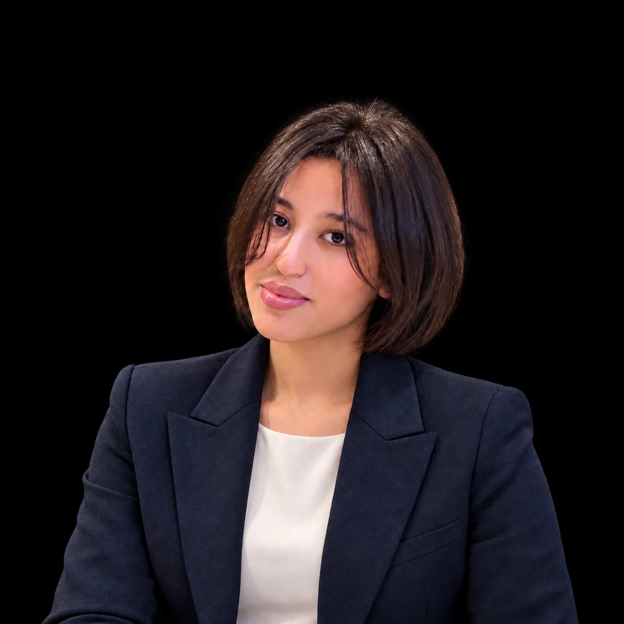 Portrait de Mouna, fondatrice de _moun.ai_, en blazer bleu marine